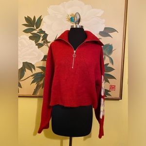 Topshop Women’s Red Flower 🌸 Knit Half Zip Sweater Size S